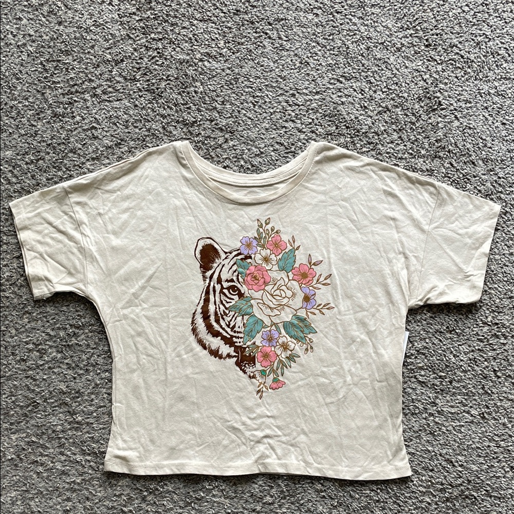 Wonder Nation Girls Cropped Short Sleeve Floral Tiger Graphic T-Shirt